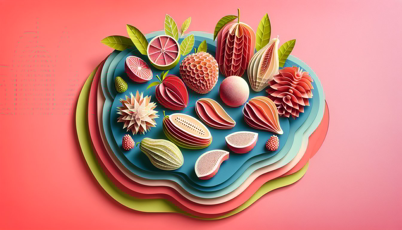 Paper art fruits and botanical names quiz call to match common fruit binomials on coral background