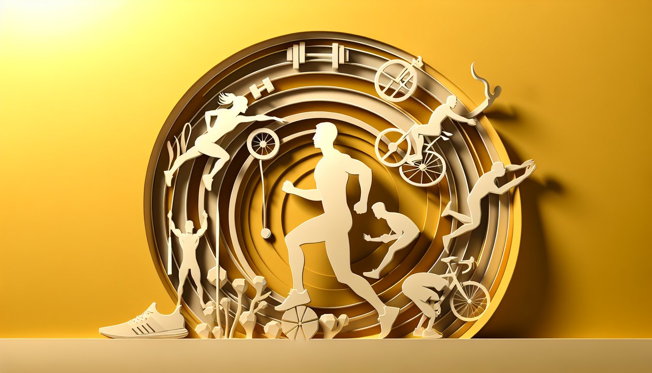 Paper cut dumbbells checklist stopwatch and chart on golden yellow background representing free Am I Fit personality quiz
