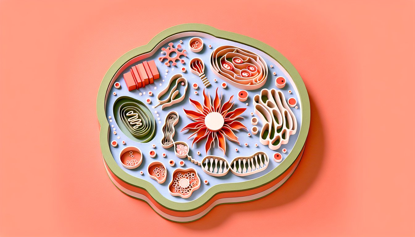 Paper art scene of mitochondria chloroplasts and ATP molecules on coral background promoting a cell energy cycle quiz