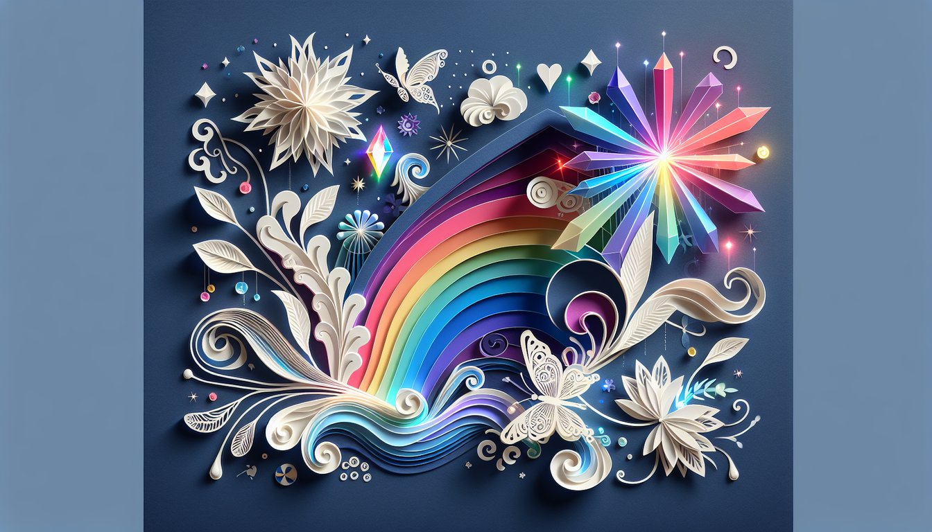 paper art collage of a glowing woman silhouette surrounded by makeup tools and stars on dark blue background