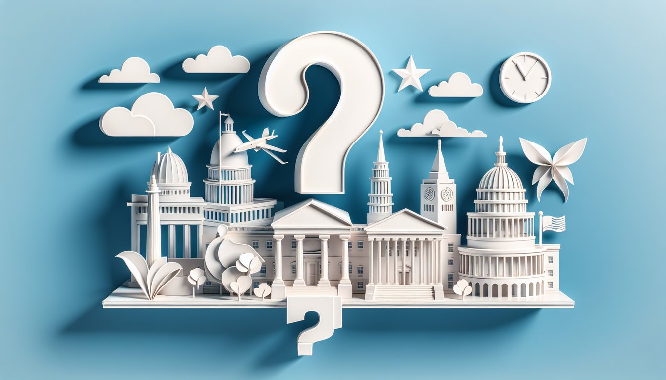 Paper art illustration for American geography quiz on a sky blue background