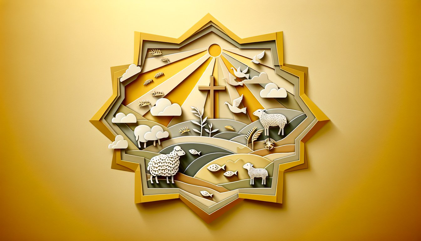 Paper art quiz illustration on Gospel of John with theological concepts on a golden yellow background