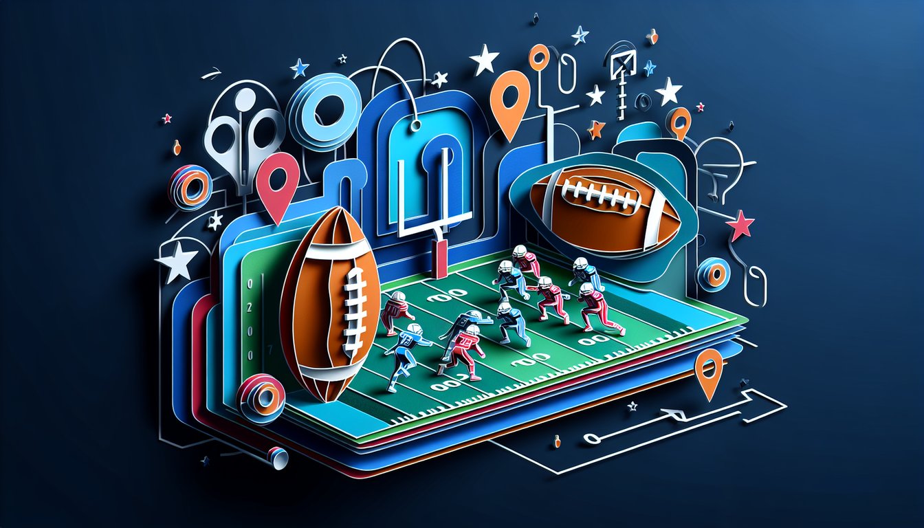 paper art style football icons quiz title with downs formations text on dark blue background