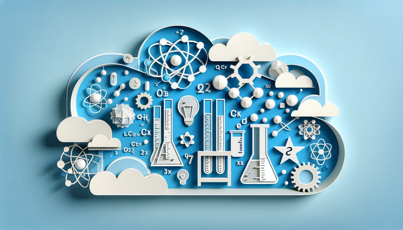 Paper art illustration for a free chemistry calculation quiz on a sky blue background