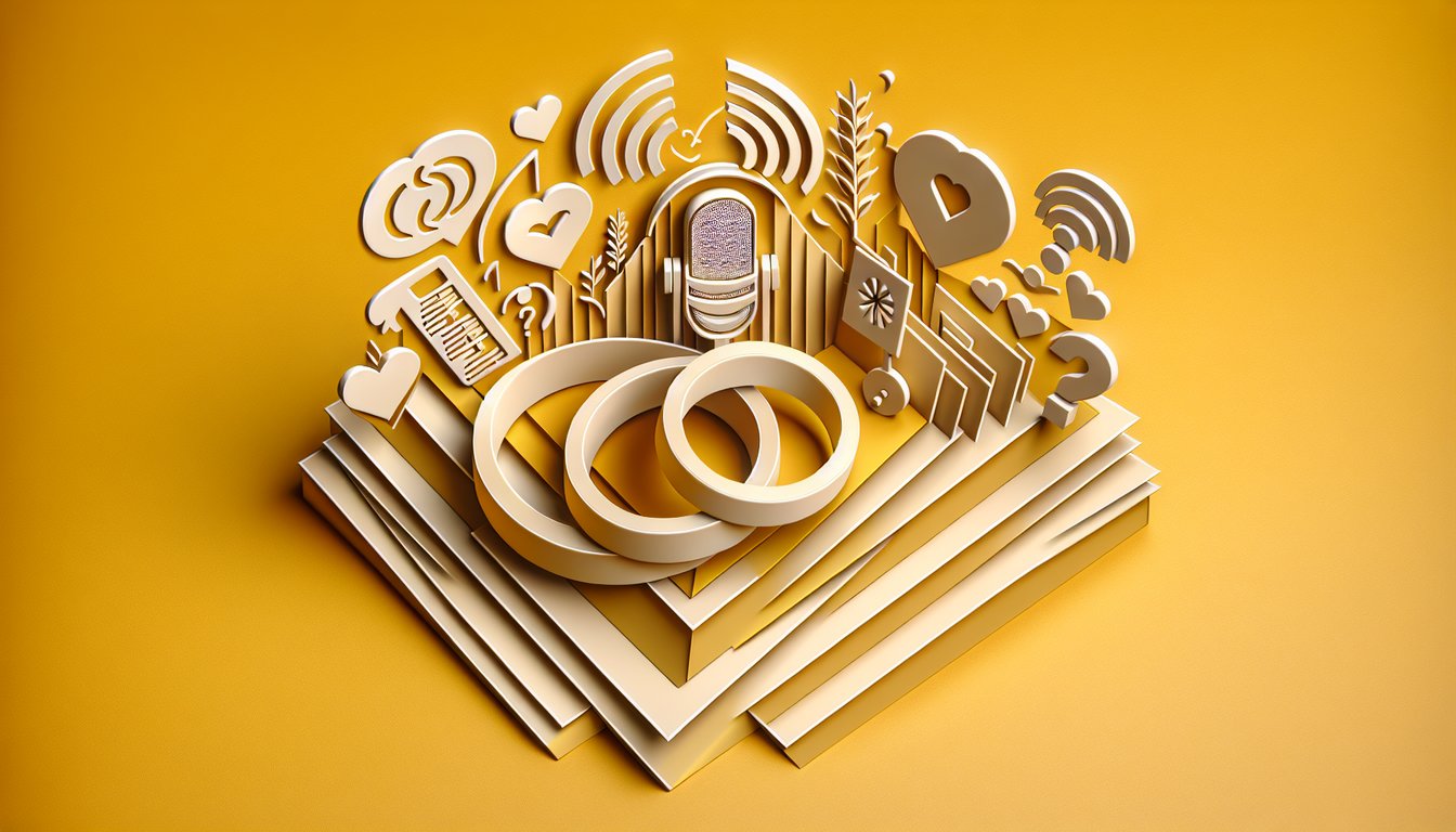 Paper art quiz header Is Dana Loesch married with career icons and wedding ring cutout on golden yellow background