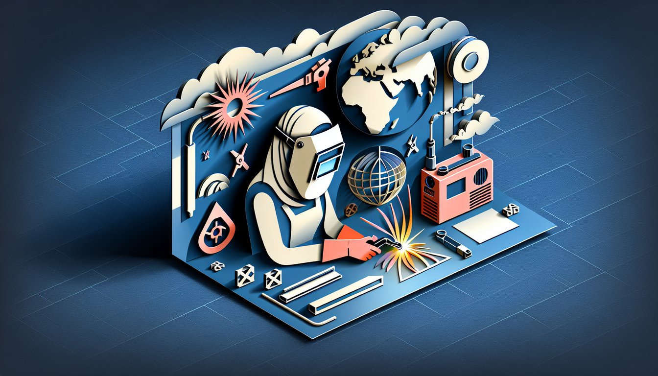 Paper art illustration for a welding safety quiz highlighting potential hazards on a dark blue background
