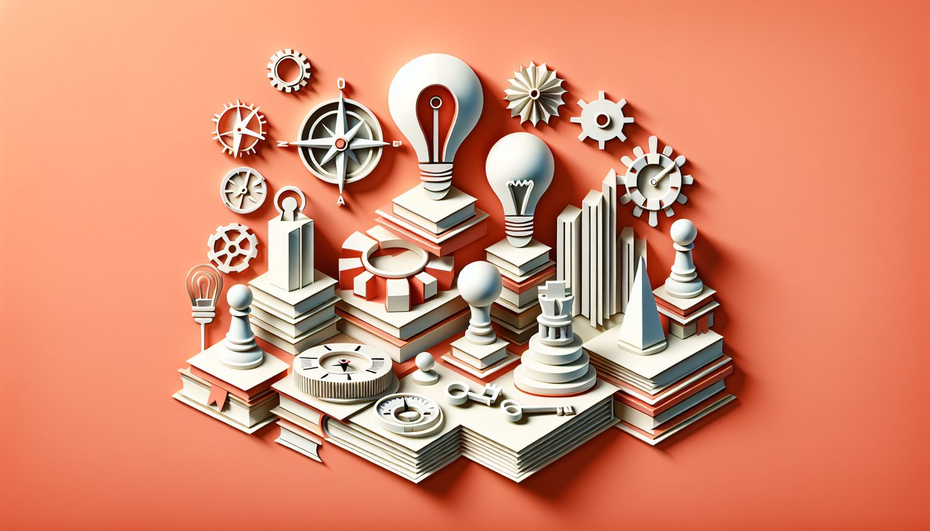 Paper art illustration on coral background featuring student silhouettes with leadership icons and dynamic shapes