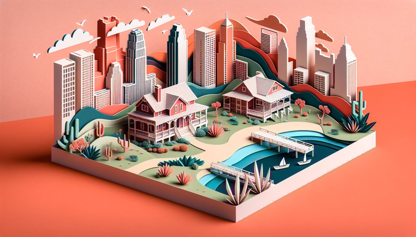 Paper art quiz featuring Texas real estate symbols on coral background suggesting exam prep challenge and confidence
