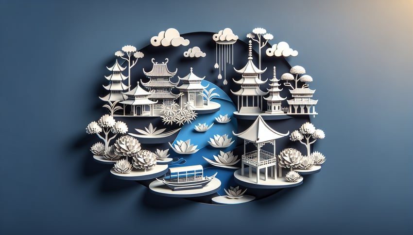 Paper art illustration for Asian country personality quiz on dark blue background