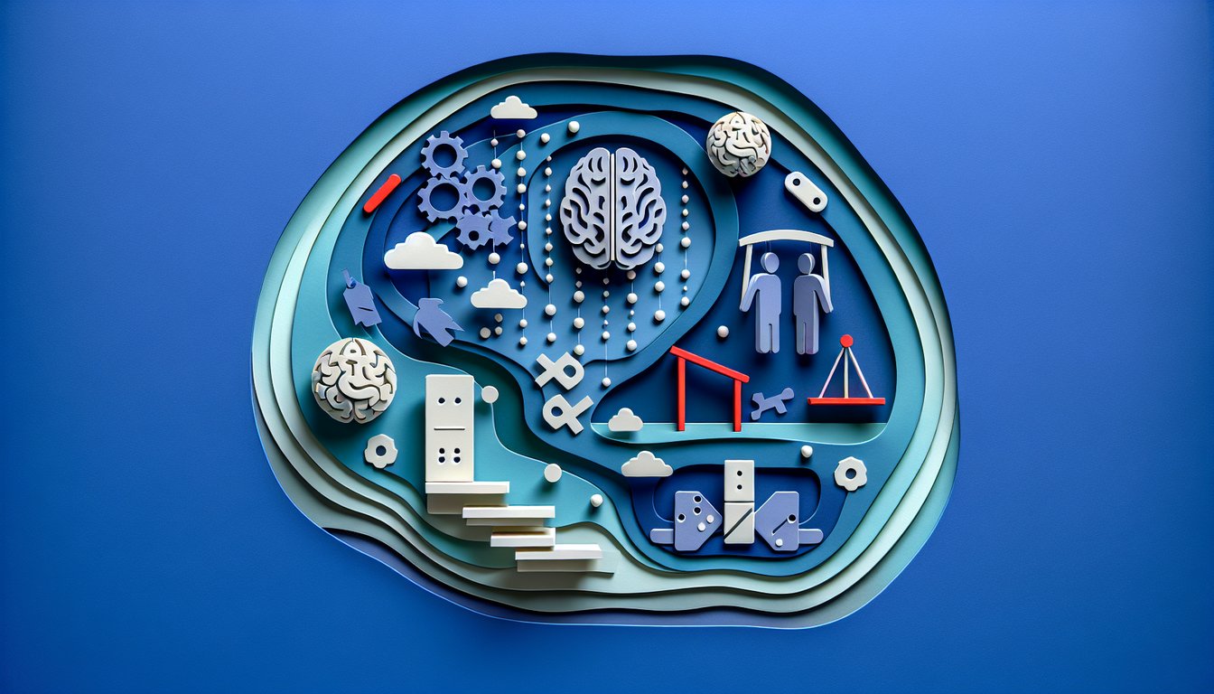 Paper art brain divided into two mood halves floating over textbooks on dark blue background for psychiatric nursing quiz