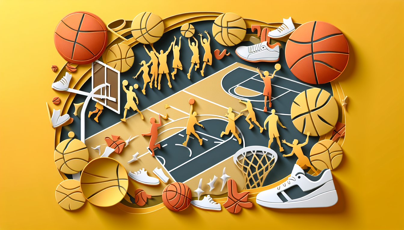 Paper art style basketball silhouettes and hoops on golden yellow backdrop inviting quiz on favorite NBA legends.