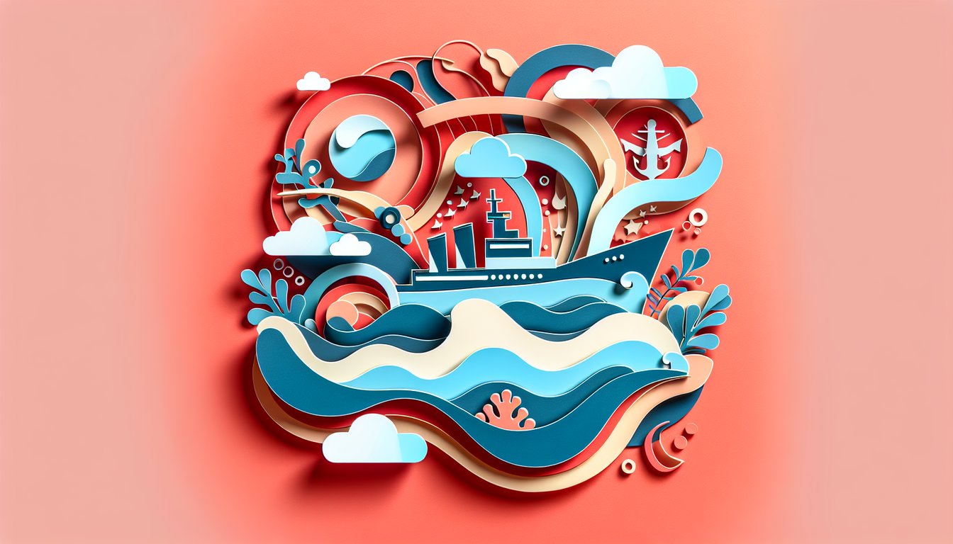 paper art ship wheel anchor with text on coral background inviting users to take a naval history quiz
