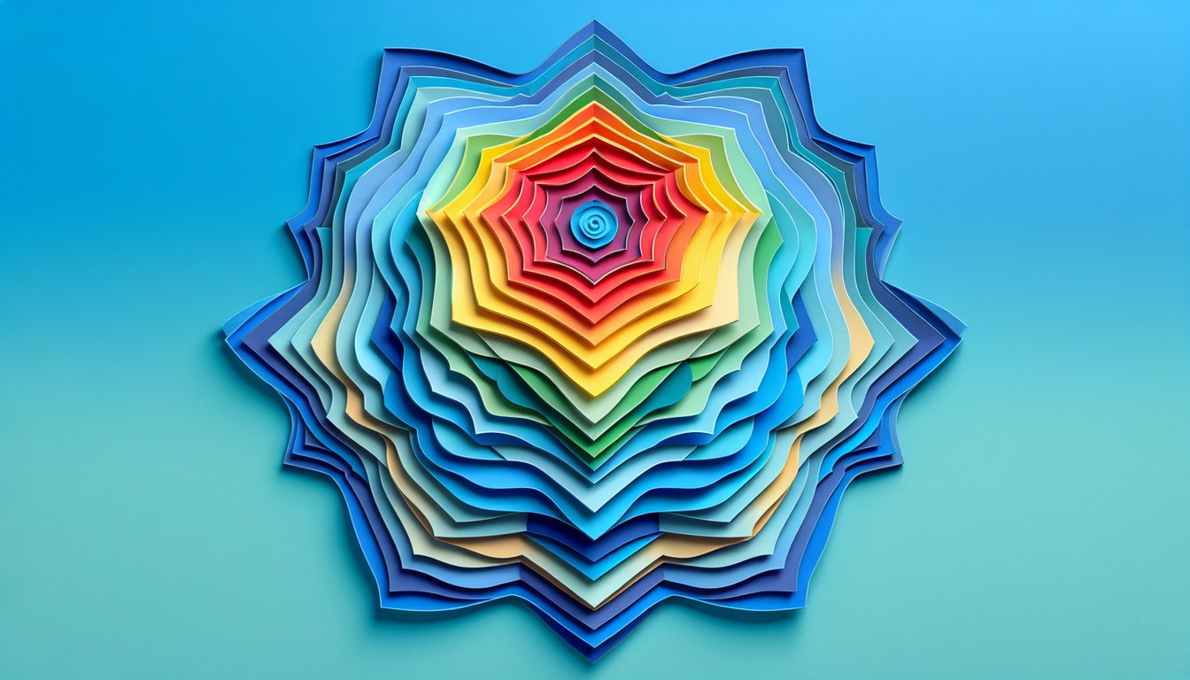 Paper art style silhouette with radiating color rings on sky blue background inviting free aura color quiz