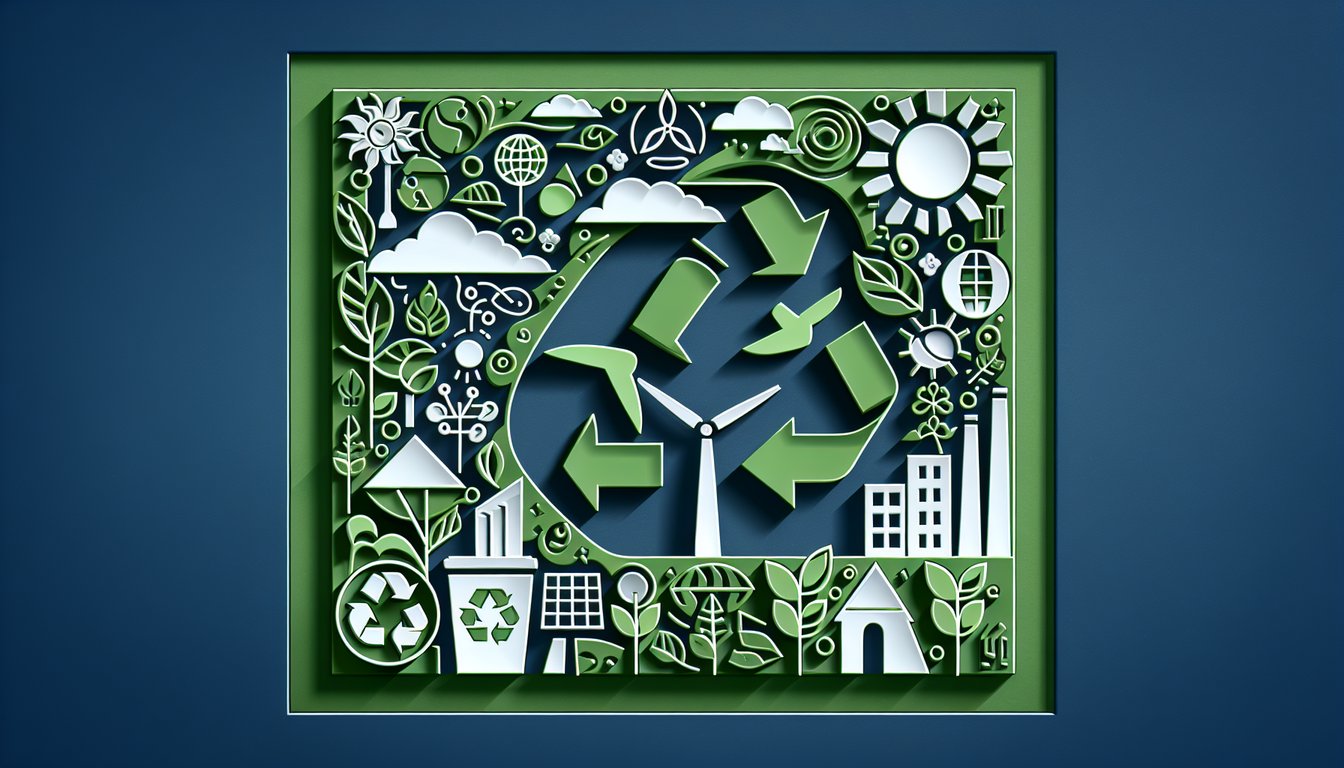 Paper art illustrating green leaves numbers question marks and a lightbulb on dark blue background inviting eco quiz