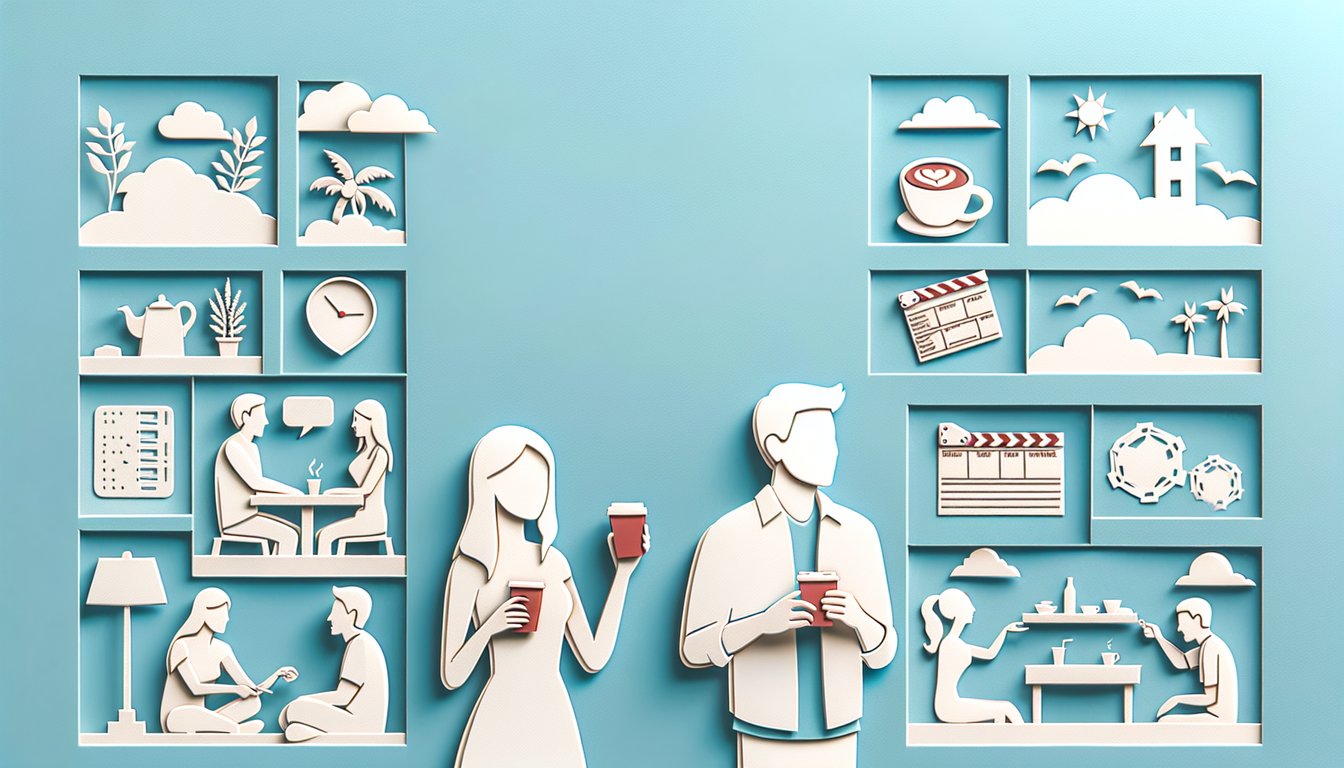 Paper art scene with couple seated on bench, hearts and question marks hanging above on sky blue background