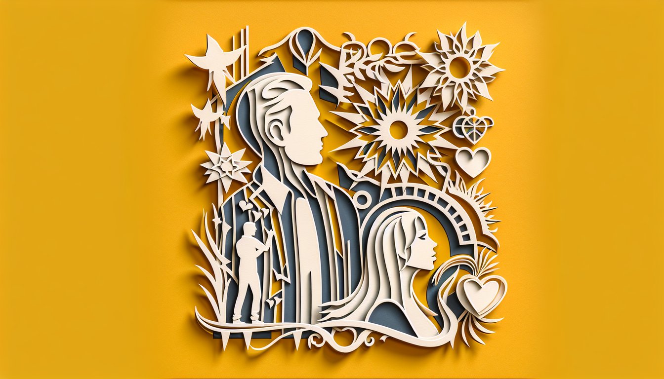 Paper art illustration for husband narcissist quiz on golden yellow background