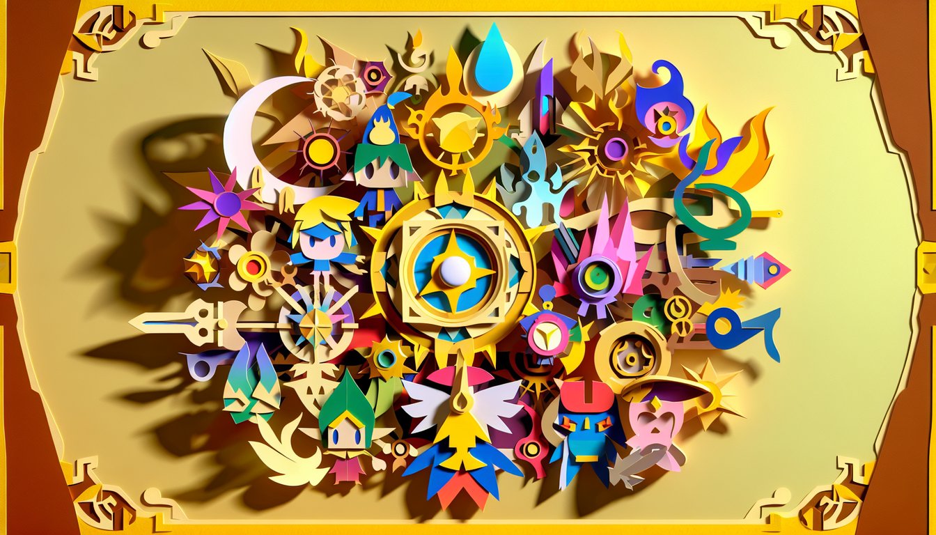 Paper art style Mario Luigi Peach Toad Bowser icons on golden yellow background for Nintendo character personality quiz