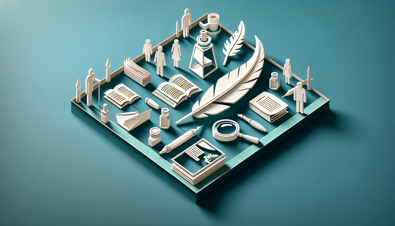Paper art illustration for quiz to uncover if a man or woman penned your writing style on teal background