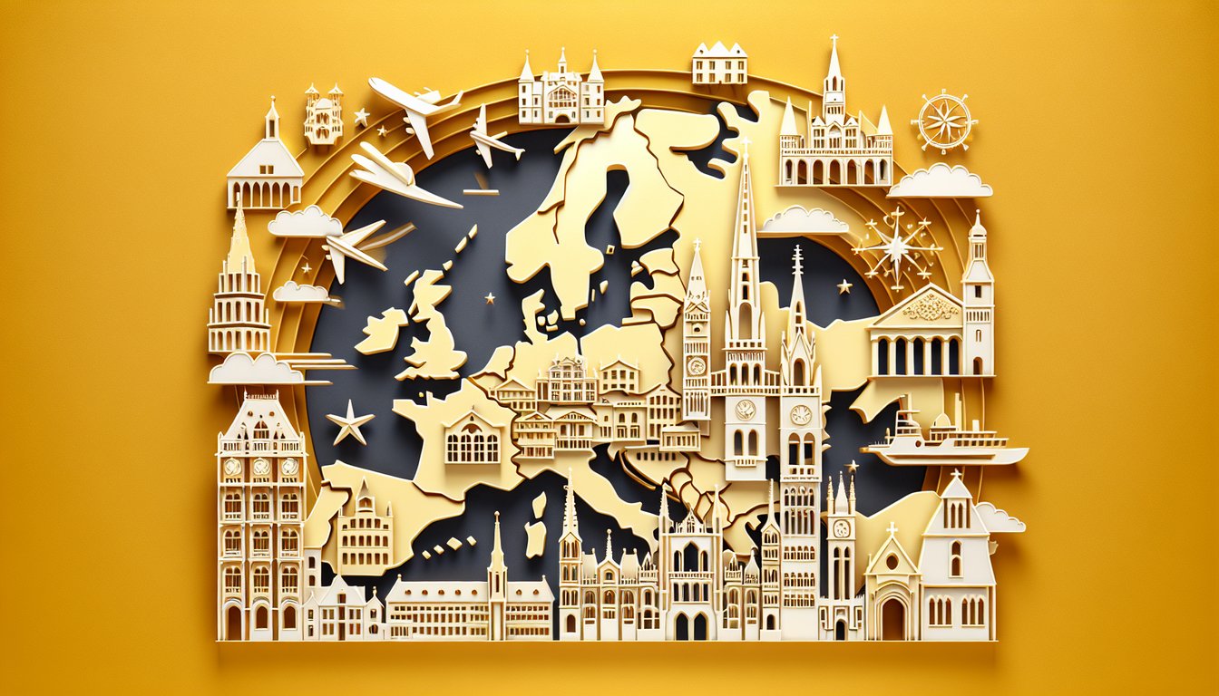 paper art collage of European city landmarks, quiz prompt on golden yellow background