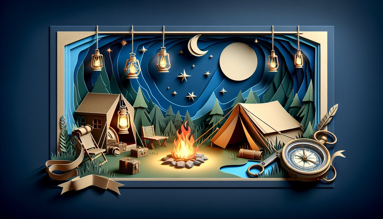 Paper art quiz illustration on camping trivia and history on a dark blue background.