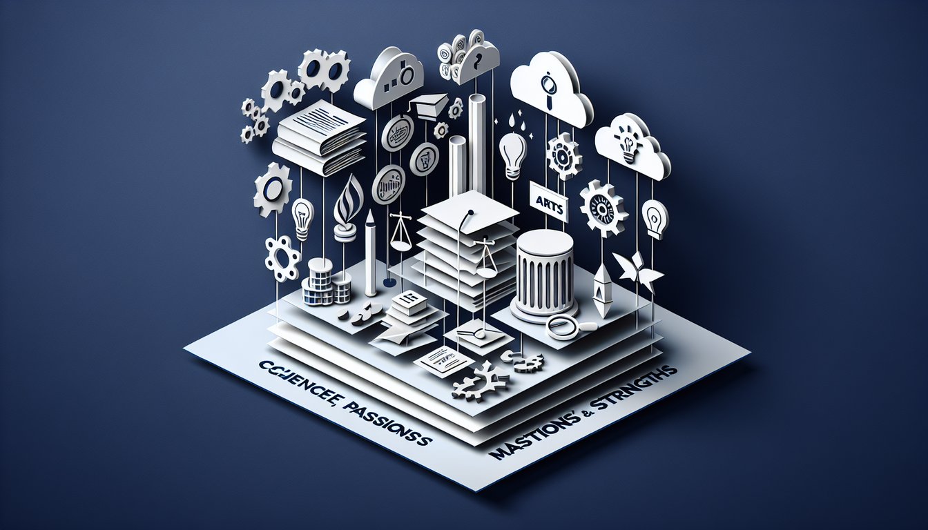 Paper art illustration for a quiz determining the best graduate program based on passions and strengths on a dark blue background.