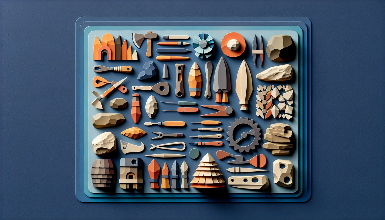 Paper art illustration shows Neolithic tools, pottery and early farming icons for Neolithic Age quiz on dark blue background
