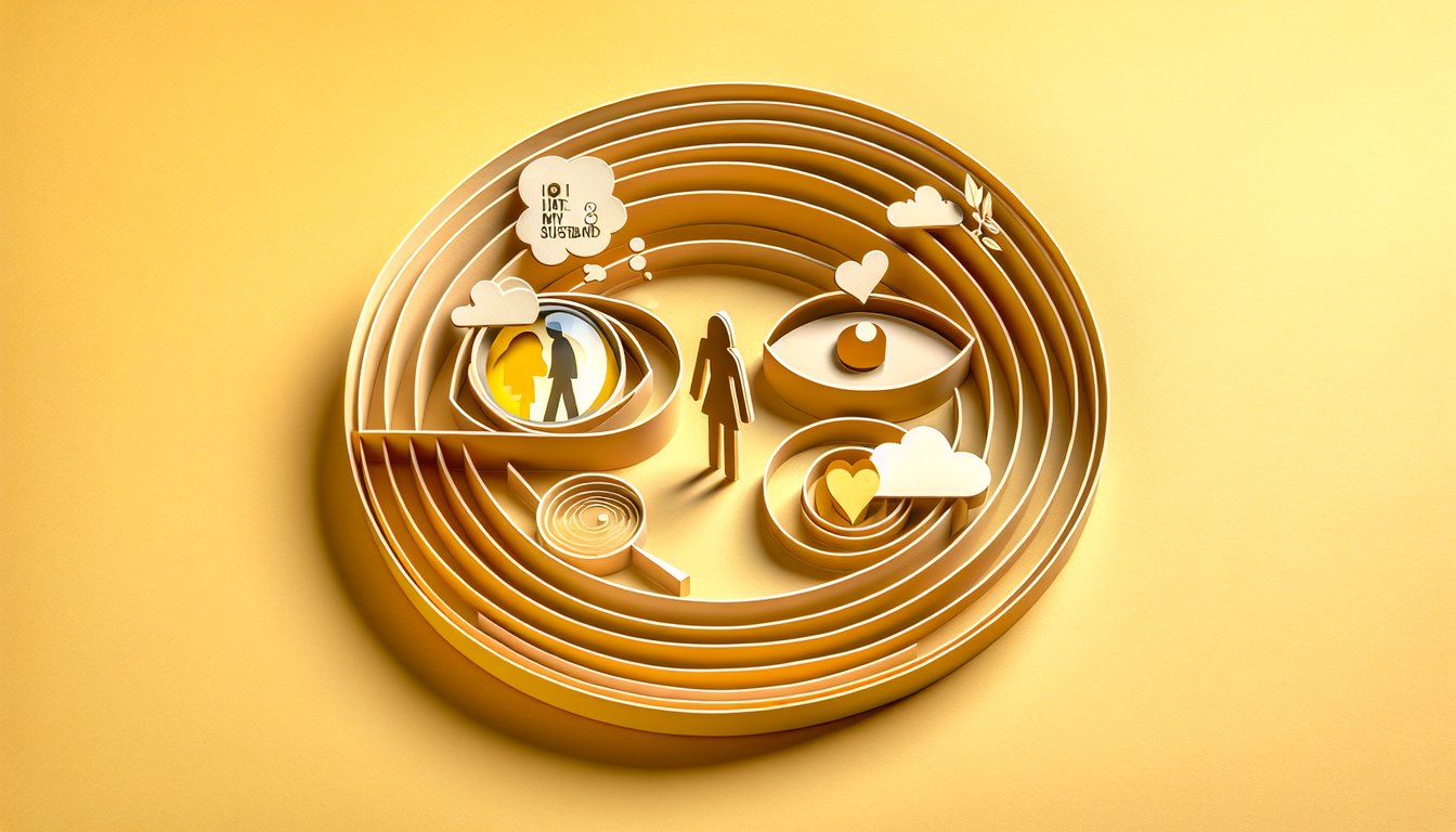 Paper art illustrating a personality quiz to understand distant husband behavior on a golden yellow background.