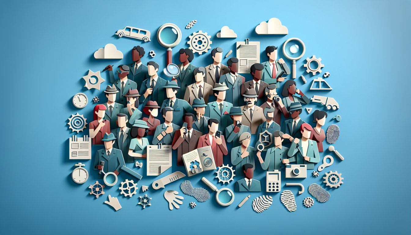 Paper art style collage with police badges detective silhouettes quiz icons on sky blue background.
