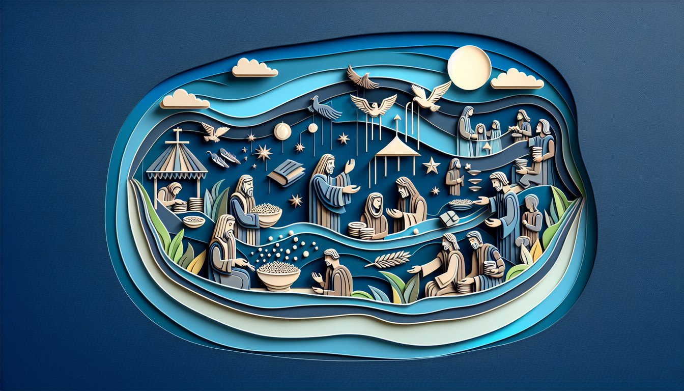 Paper art quiz with Bible scroll, question marks, crosses referencing Jesus Matthew 15 challenge on dark blue background