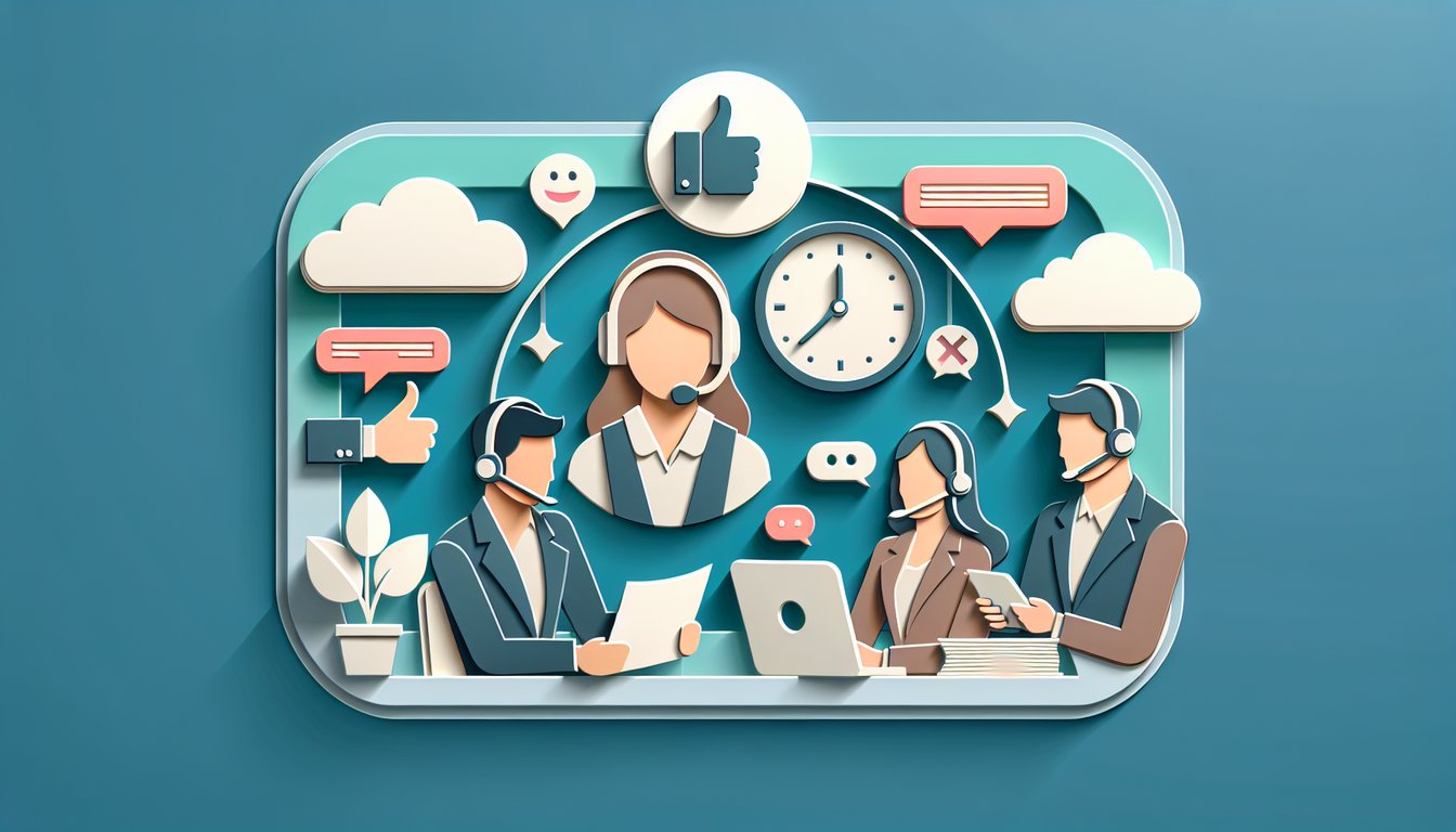 Paper art style quiz elements with headset chat bubbles and question mark on teal background for customer service challenge