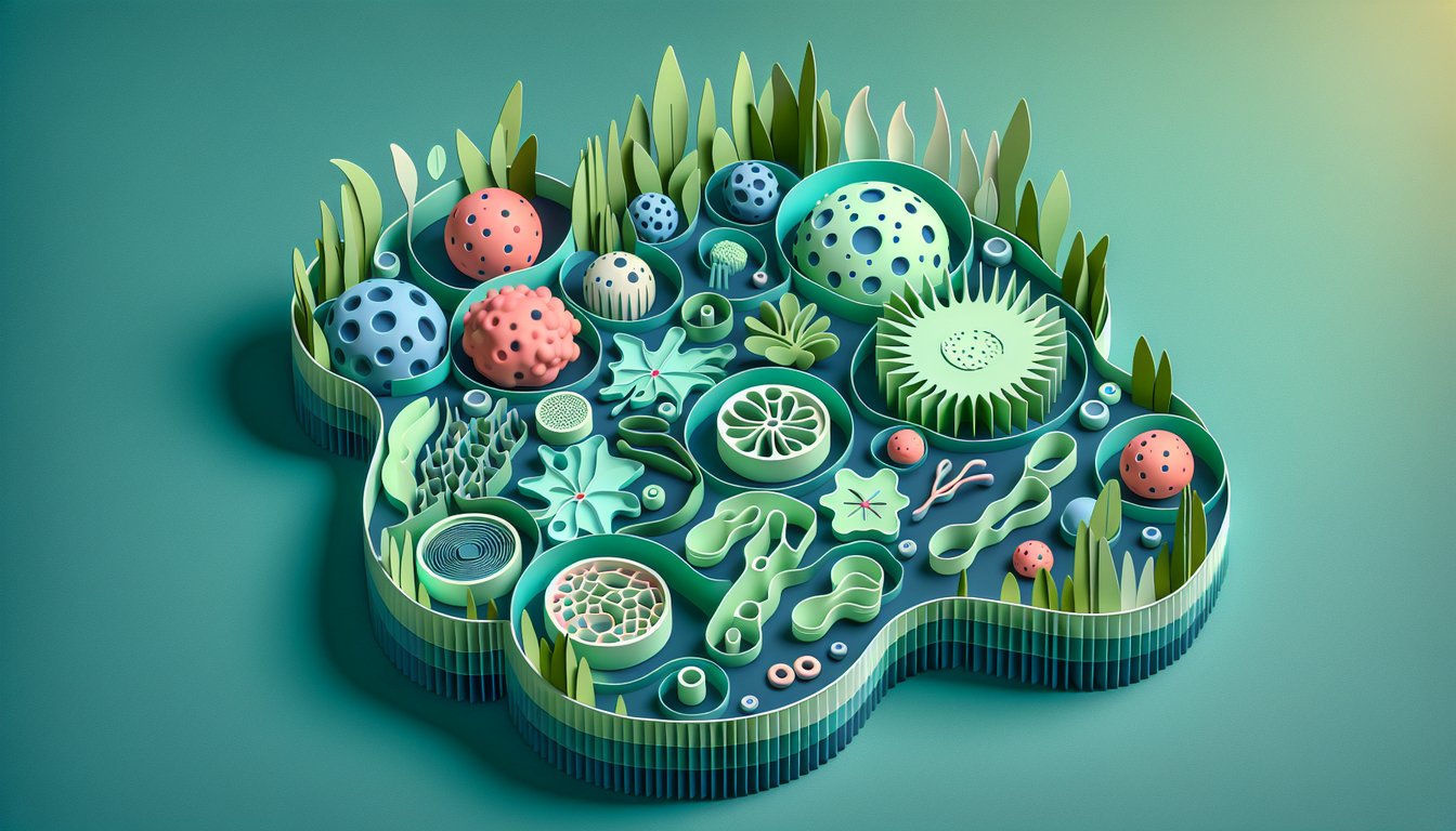 layered paper art diagram of plant and animal cells on teal background for cell structure quiz