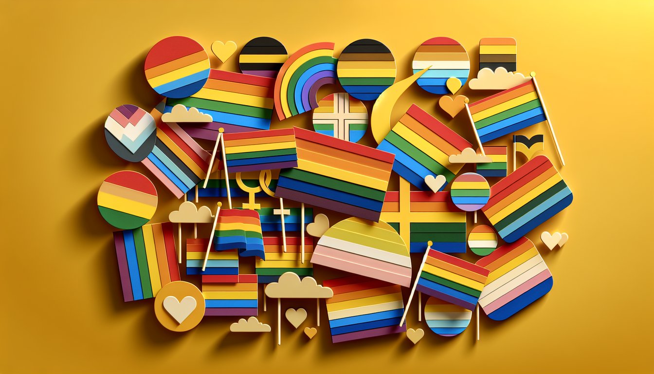 Paper art illustration for Pride Flag Quiz on a golden yellow background