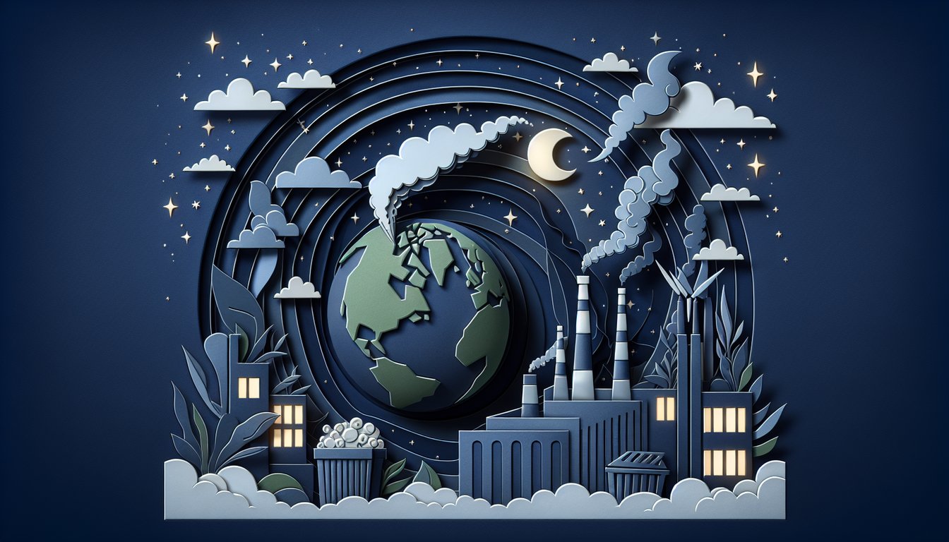 Colorful paper art depicting various environmental elements for a pollution knowledge quiz.
