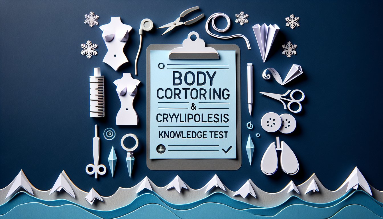 Colorful paper art promoting a quiz on Body Contouring and Cryolipolysis knowledge test.