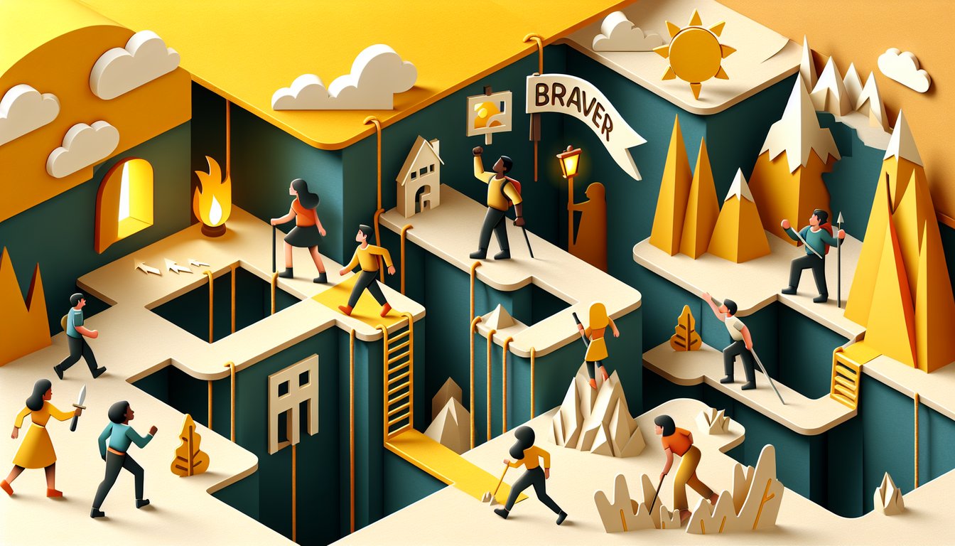 Paper art illustration for bravery quiz with fun scenarios on a golden yellow background