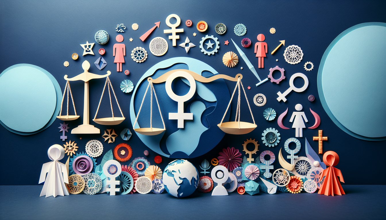 Colorful paper art illustrating a Womens Equality Knowledge Quiz