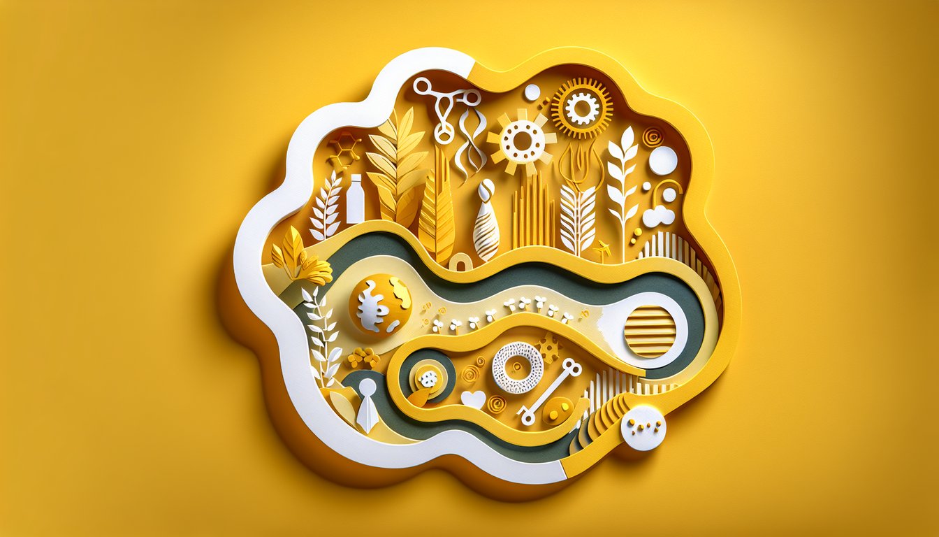 Paper art illustration for puberty quiz showing body changes and hormone shift icons on golden yellow background