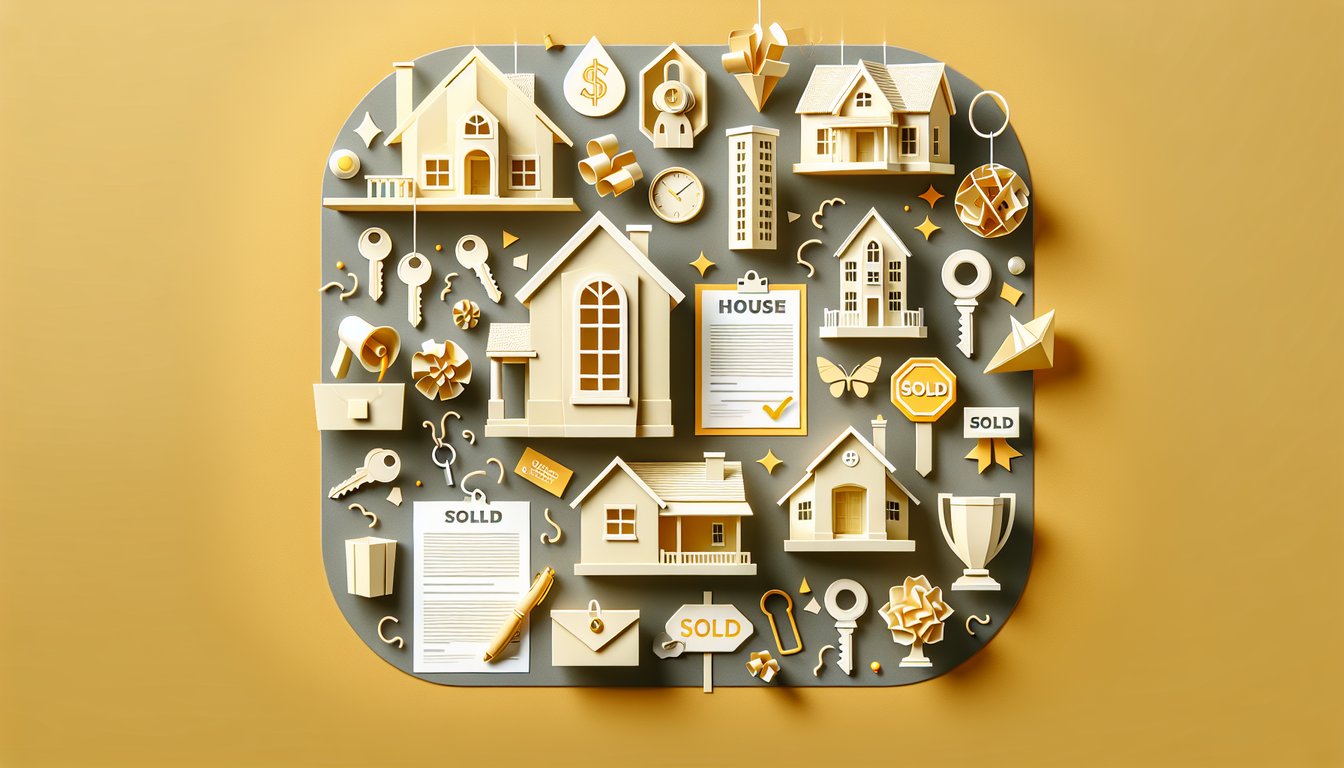 Paper art of house question marks trophy and real estate icons for free trivia quiz on golden yellow background