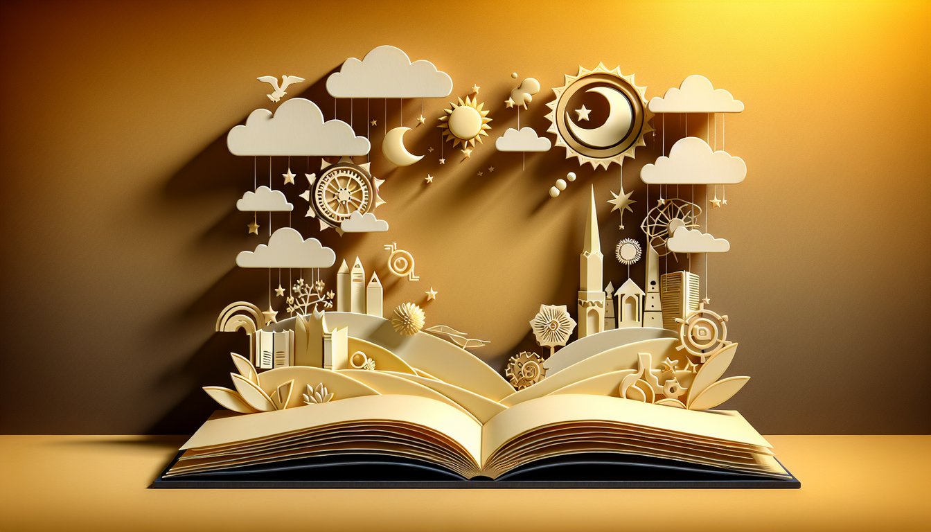 Paper art book layers with arrow hints magnifying glass and check mark for foreshadowing quiz on golden yellow background