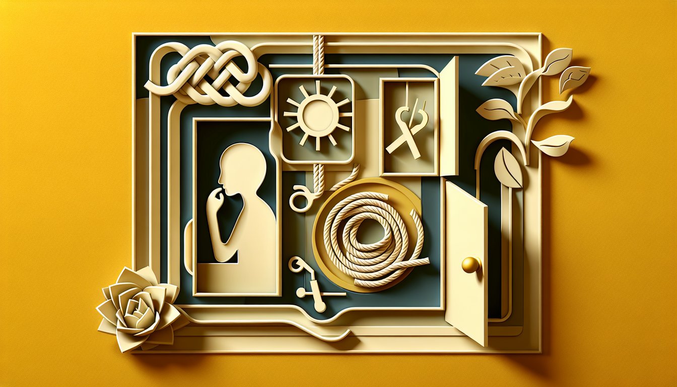 Paper art illustration for quiz on understanding self-hate triggers on a golden yellow background