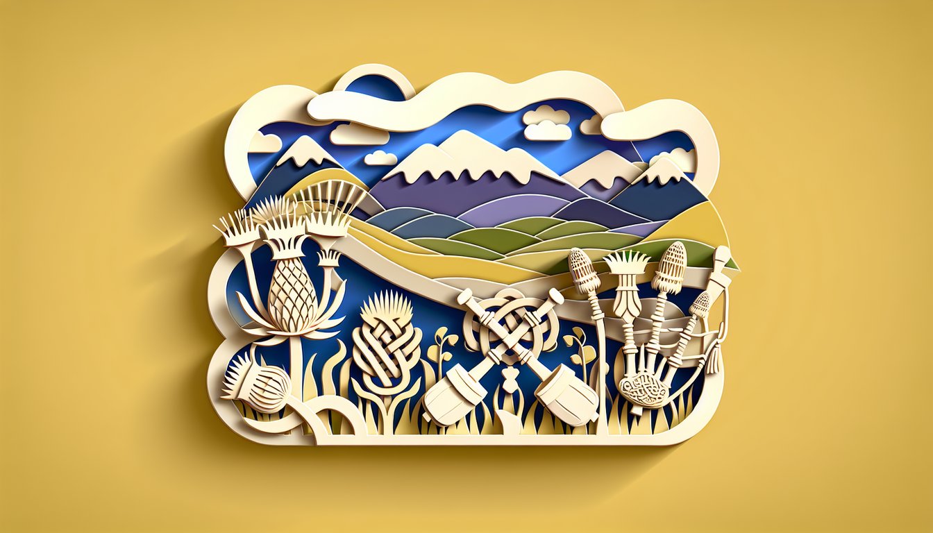 Paper art style collage of Scottish symbols culture geography and history icons on golden yellow background for quiz