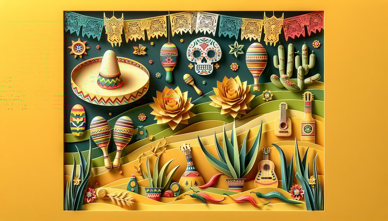 Paper art quiz illustration exploring Mexican culture and traditions on a golden yellow background