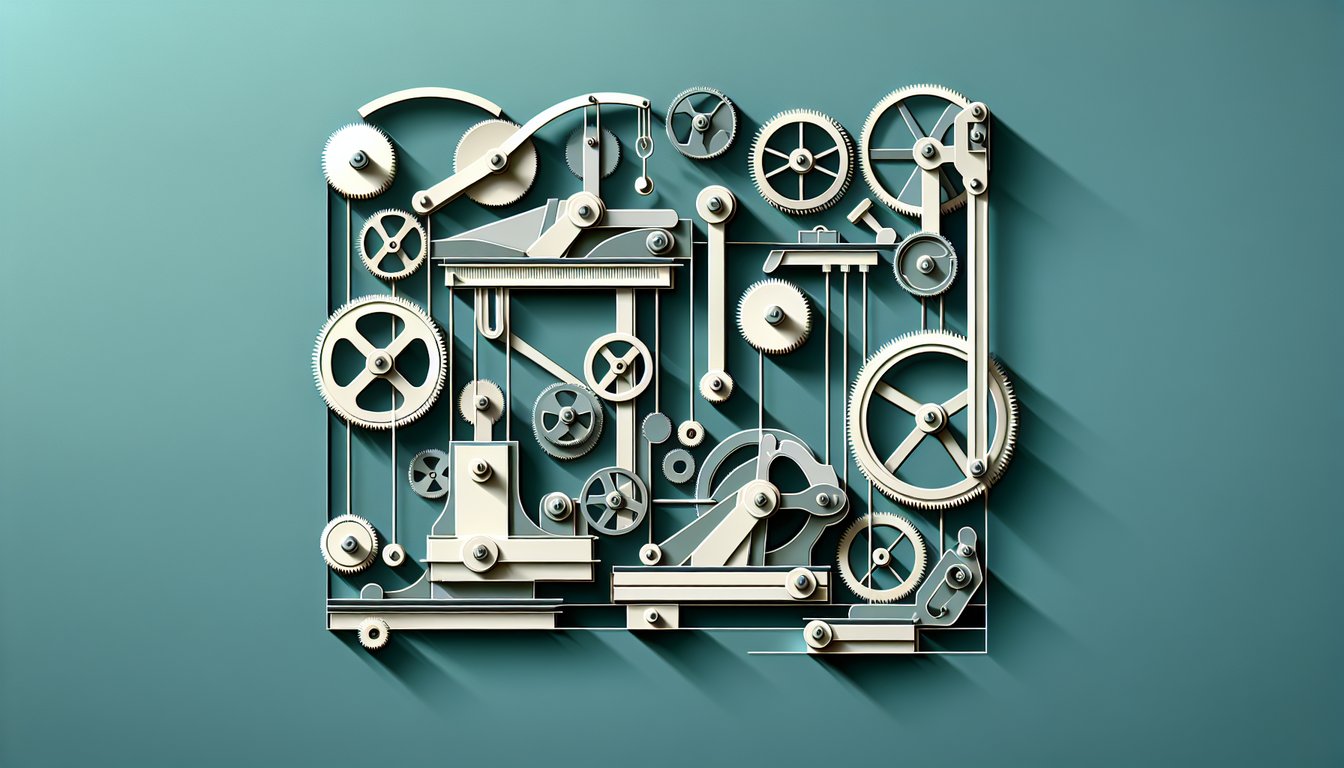 Paper cut illustration of lever fulcrum and pulley wheel on teal background for simple machine quiz