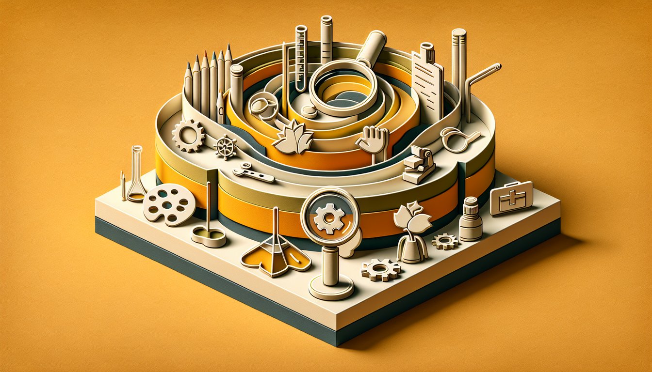 Paper art illustration of career quiz elements with icons and shapes on a golden yellow background