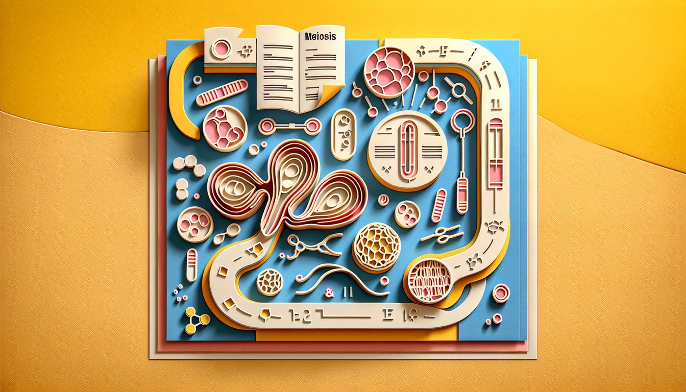 paper art diagram of meiosis I and II showing chromosomes and prophase I labels for quiz on golden yellow background