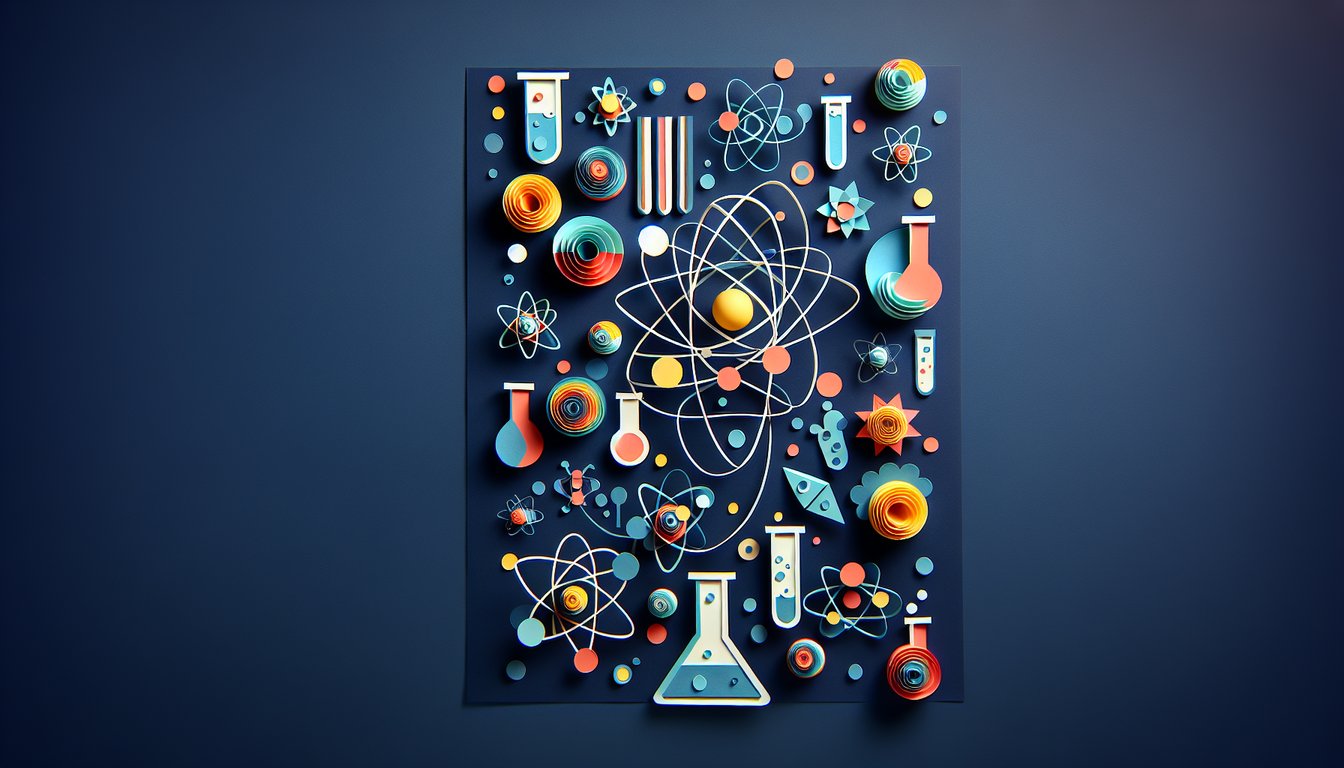 Colorful paper art promoting a high school chemistry practice quiz.