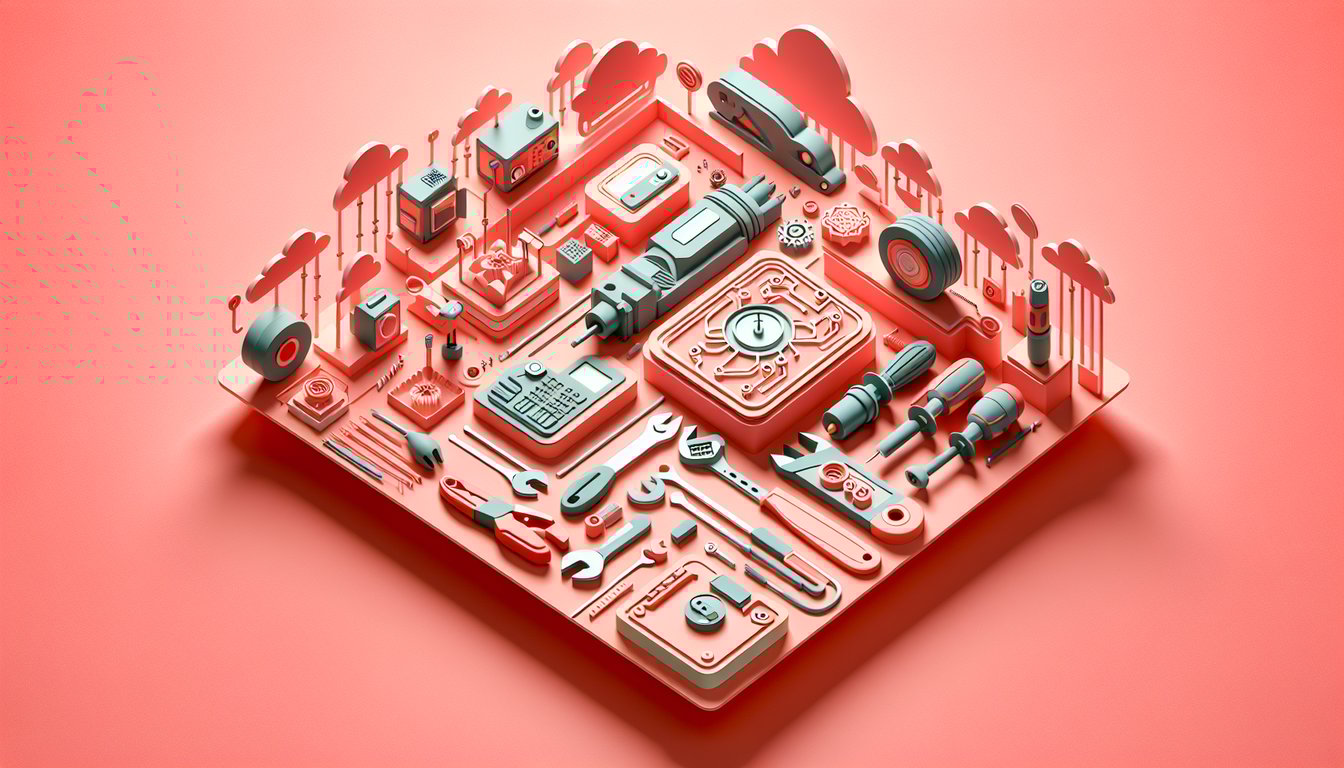 Paper art illustration showing exam sheet checklist pencil light bulb and plug icons on coral background