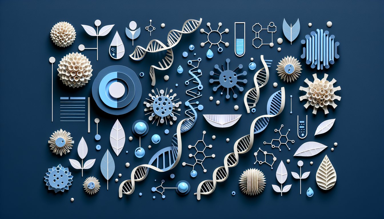 Colorful paper art displaying various biology-related items for a Basic Biology Knowledge Quiz
