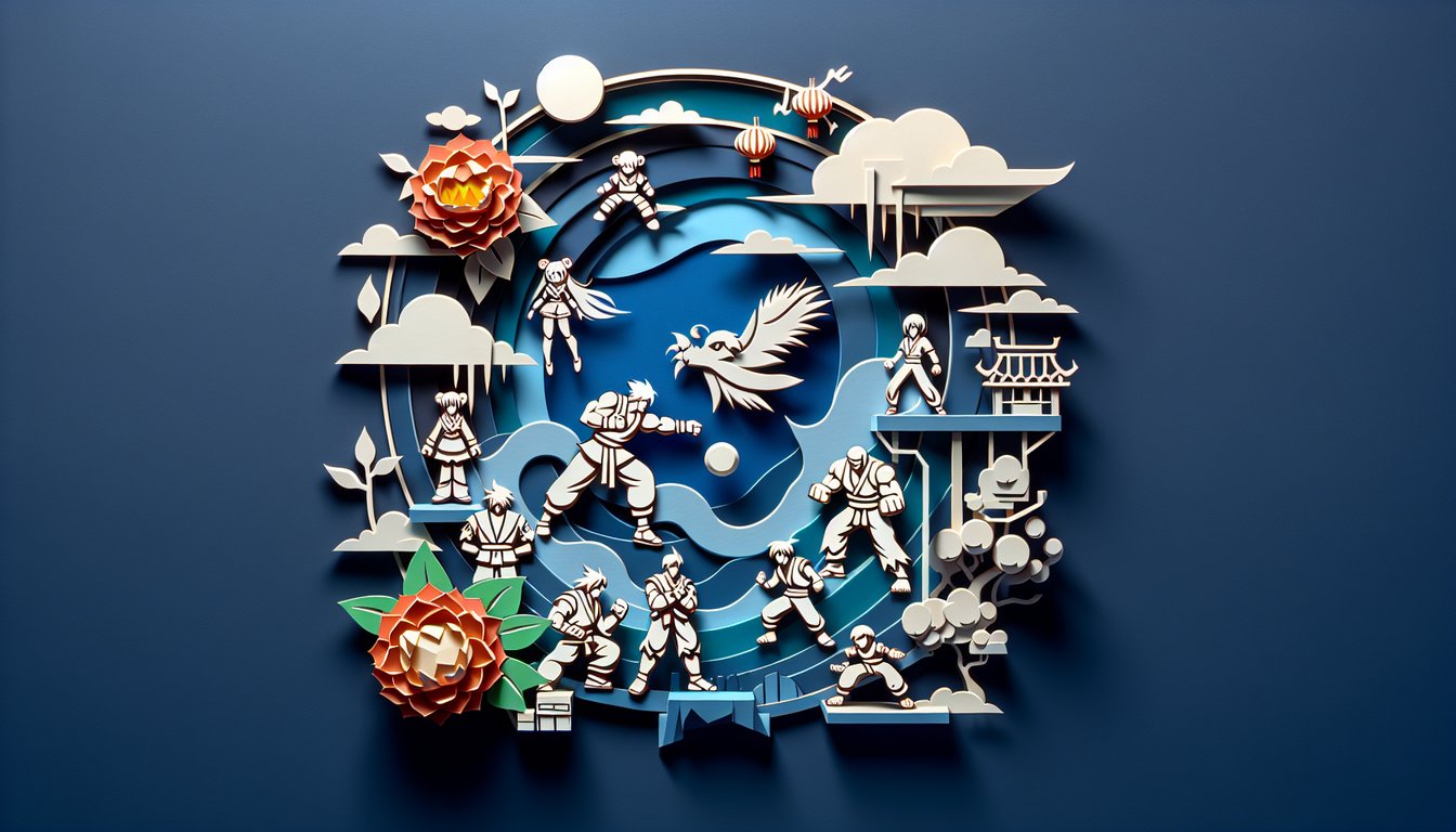 Paper art style silhouettes of Smash Bros fighters around free quiz title on dark blue background