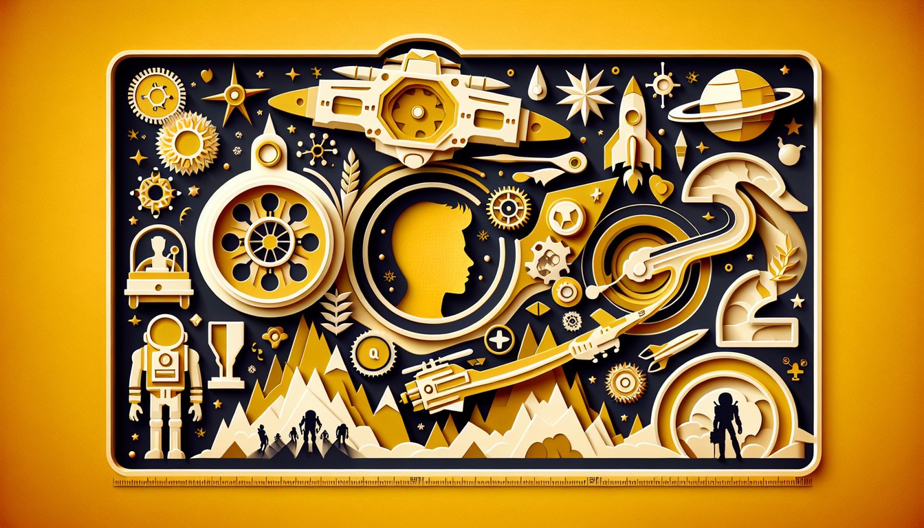 Paper art collage of Star Wars hero and villain silhouettes, lightsabers on golden yellow background for quiz